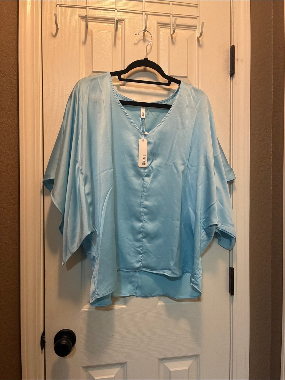 glam Light Blue Satin V-Neck Blouse